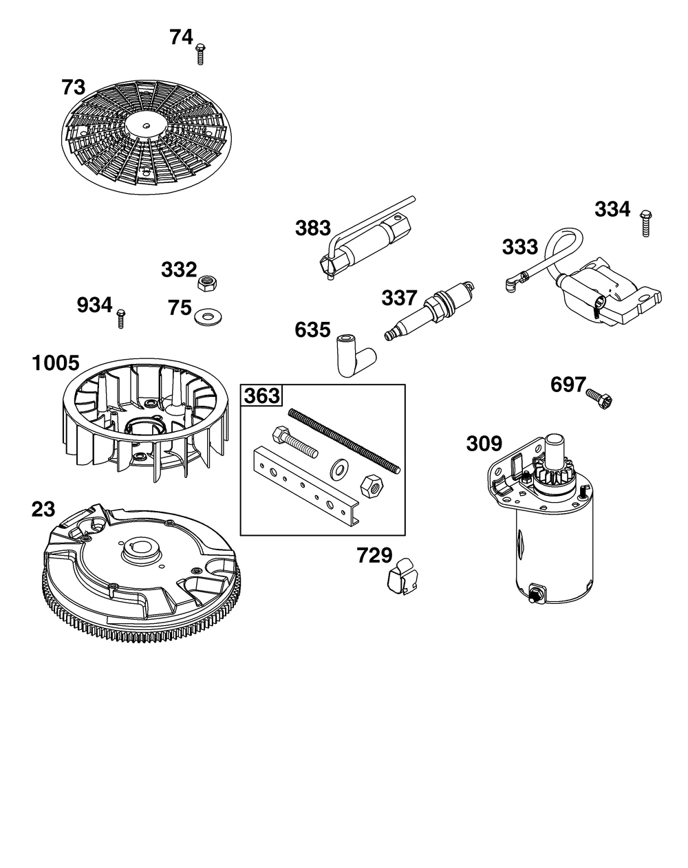 Flywheel, Ignition, And Starter Group Diagram and Parts List for 44U677-0011-B5 400000 - 699999 Briggs and Stratton Engine